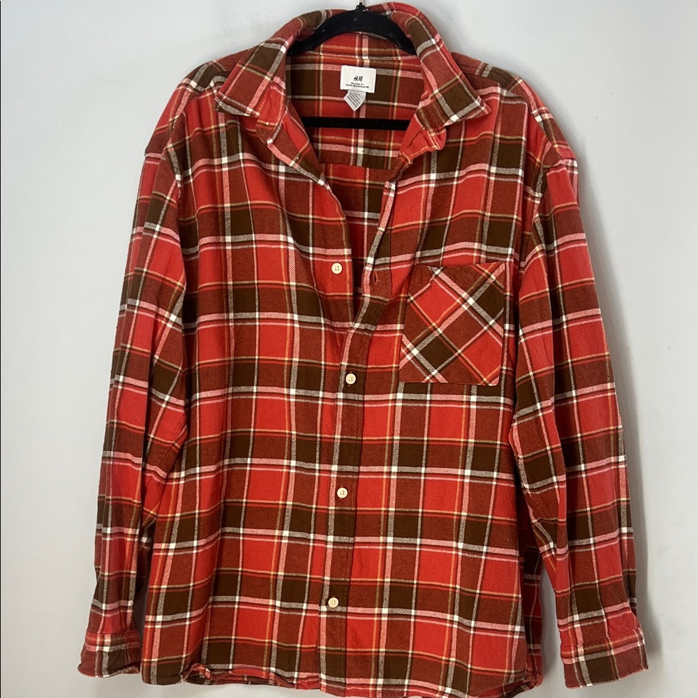 H&M Men's Relaxed Fit Orange‎ and Brown Checkered Plaid Button Down Shirt Unisex